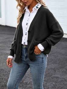 Cárdigan de cuello en V, unicolor casual con bolsillo de punto, cierre con botones, para uso diario, otoño/invierno - Negro - Ver 1