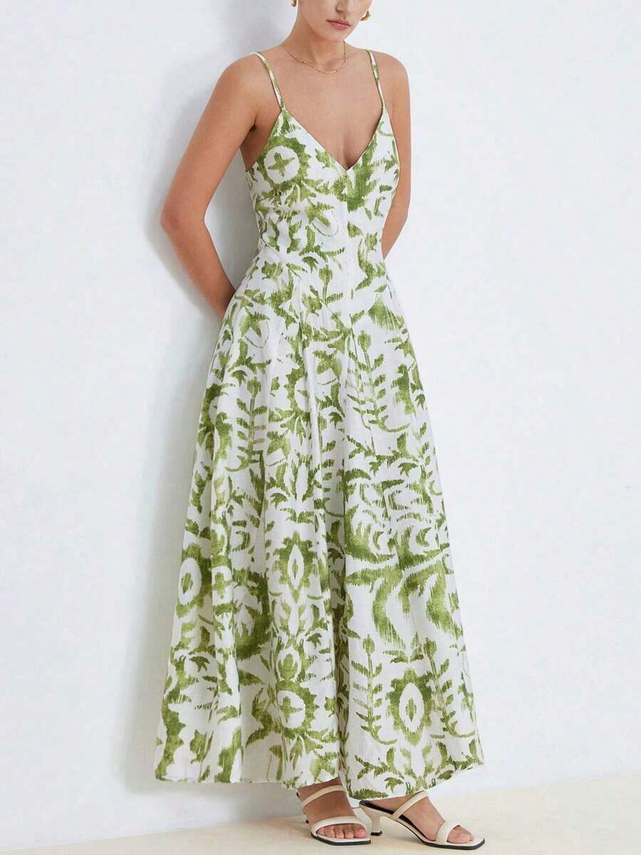 xheAveloria Frievida Vestido deslizante de gasa de estilo vintage con base blanca y estampado aleatorio verde, de bambú y aspecto de lino, con elaborada artesanía, diseño de falda acampanada, bajo romántico, técnica de impresión refinada, estilo bohemio natural, adecuado para vacaciones de verano, playa, fiesta, picnic, salida casualxhe - Multicolor - Ver 1