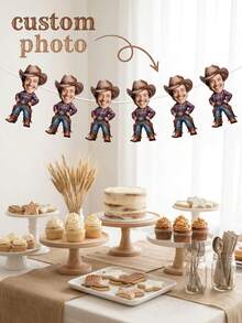 4/8/12pcs Custom Photo Cowboy Banner, Personalized Face Bunting, Rustic Western Wild West Garland, Men's Cowboy/Rodeo Themed Birthday Party Banner, Country/Rodeo Celebration Decor - Multicolor - View 2