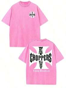 WEST COAST CHOPPERS Men's Retro Streetwear T-Shirt - 230g Washed Cotton, Double-Sided Print, Loose-Fitting Drop-Shoulder Short-Sleeved T-Shirt With A California Long Beach Graphic.Perfect For Casual Summer Wear And As A Gift.High-Quality Fabric, Versatile Printed T-Shirt. - 粉色 - 查看 10