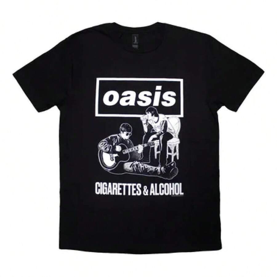 Moda T-shirt Oasis Cigarettes & Alcohol pour hommes. Vêtements unisexes de ton neutre, simple, essentiel pour un usage quotidien. Coupe ample et oversize, peau amicale, confortable, style décontracté de rue, pour le shopping, les voyages et les fêtes - noir - Voir 1