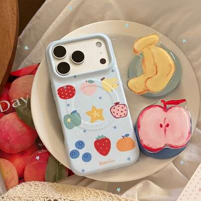 Ốp điện thoại GUCADI 17 Pro Max, Ốp điện thoại từ tính hình trái cây graffiti Apple 16, Màu xanh tươi mát 13 inch, Ốp mềm 17 inch dành cho nữ, Hình học sáng tạo, Phong cách tươi mới, Thiết kế màu sắc tương phản, Độc đáo, Phong cách INS