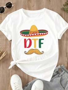 Comfortable For All-Day Wear. This Women's Casual Short-Sleeve T-Shirt Features A Crew Neck And A DTF Mexican Sombrero Print, Perfect For Celebrations And Parties. The Relaxed, Comfortable Fit Flatters All Body Types, While The High-Quality Material Feels Soft Against The Skin And Offers Durability. - 白色 - 查看 4