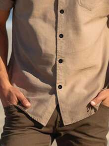 Camisa casual de unicolor para hombre, camisa de manga corta, camisa blanca de moda, camisa hawaiana de resort de playa - Caqui - Ver 4