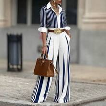 Collared Roll-Up Sleeve Striped Shirt And High-Waisted Striped Wide Leg Pants Two-Piece Set, Elegant & Office Style, Everyday & Work Wear, , Fashion - Blue and White (belt Not Included) - View 3