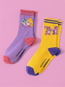 Noctvar OBM Sleepwear X Care Bears 2 pares de calcetines largos personalizados CARE BEARS para mujer con oso corazón, para todas las estaciones y vuelta al cole, oso gruñón divertido, oso alegre, oso de los deseos y oso alegre con corazón, aptos para uso diario, vacaciones, regalo de cumpleaños y otras ocasiones - Multicolor - Ver 6