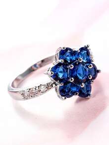 1pc Fashionable Colorful Zirconia Flower Ring For Women - Royal Blue - View 4