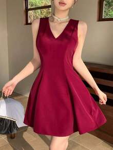 Vestido mini con cintura ceñida y decoración de moño, color rojo, para primavera y verano - Burdeos - Ver 4
