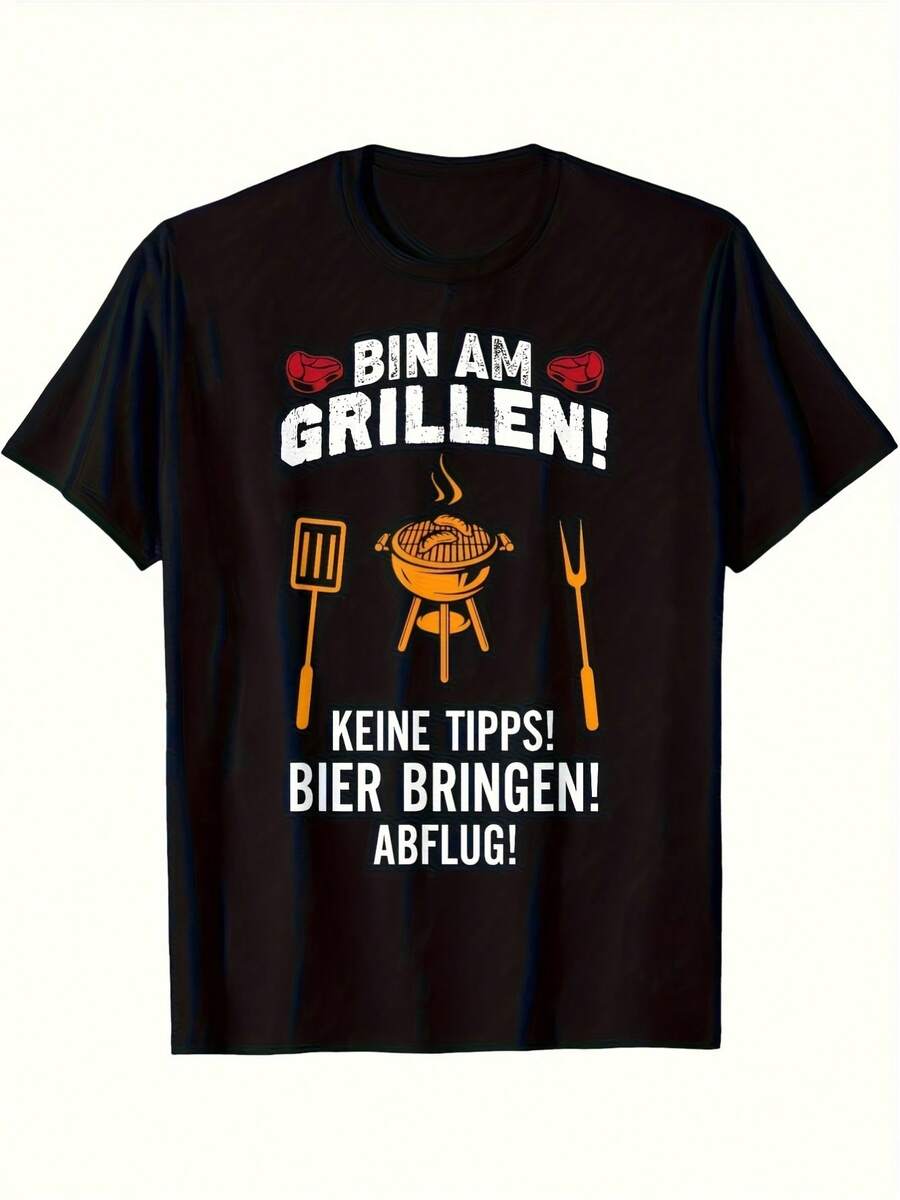 Spring Graphics.1pac.100%Cotton.Funny BBQ German Beer Grill Slogan T-Shirt For Men - Vintage Black Shirt With White & Orange Print, Breathable Short Sleeve Casual Tee, Machine Washable Grilling Outfit For Barbecue Party.Versatile.Classic - Black - View 1