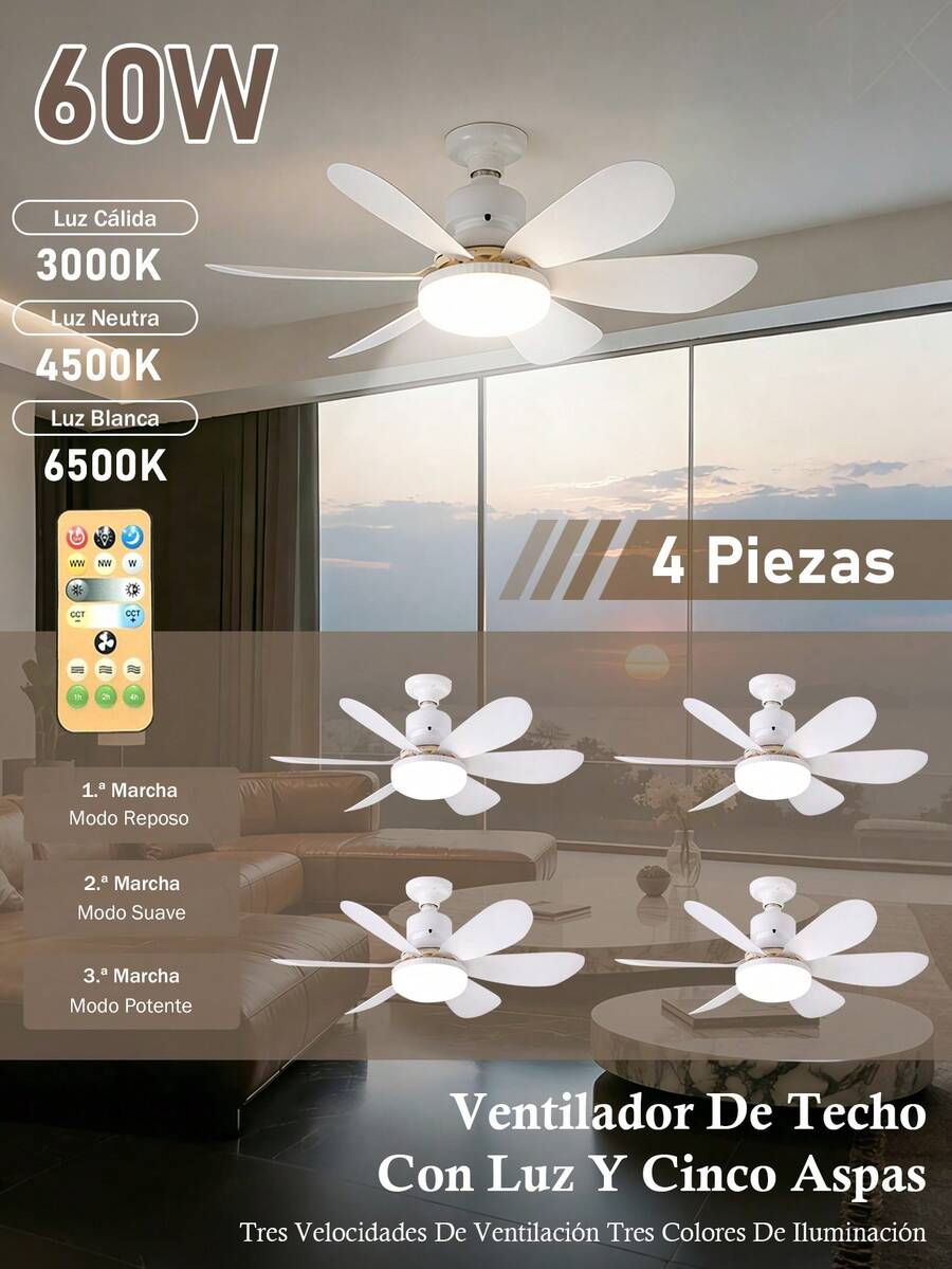 Ceiling Fan With Light And Remote Control, 60W Dimmable LED Ceiling Fan With E27 Socket, Ceiling Fan For Bedroom, Living Room, 6 Blades, 3 Speeds, Timer - 4 件 - 查看 1