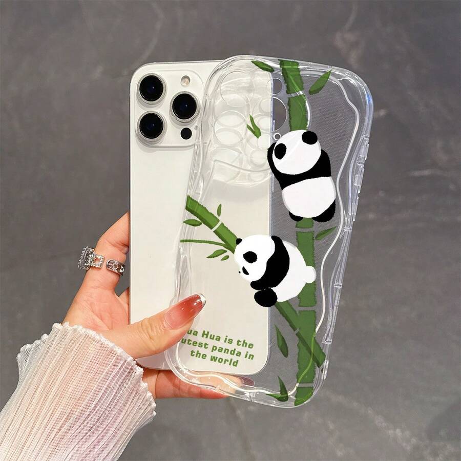 1pc Fashionable TPU Material Panda Bamboo Pattern Transparent Cream Texture Full Body Anti-Fall Phone Case, Compatible With IPhone, Honor, - Clear - View 1