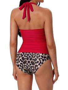 OMKAGI Women's Halter High-Waisted Swimsuit Set  Sexy V-Neck And Ruched Abdomen Slimming High-Cut Two-Piece Swimsuit - 紅色豹紋 - 查看 2
