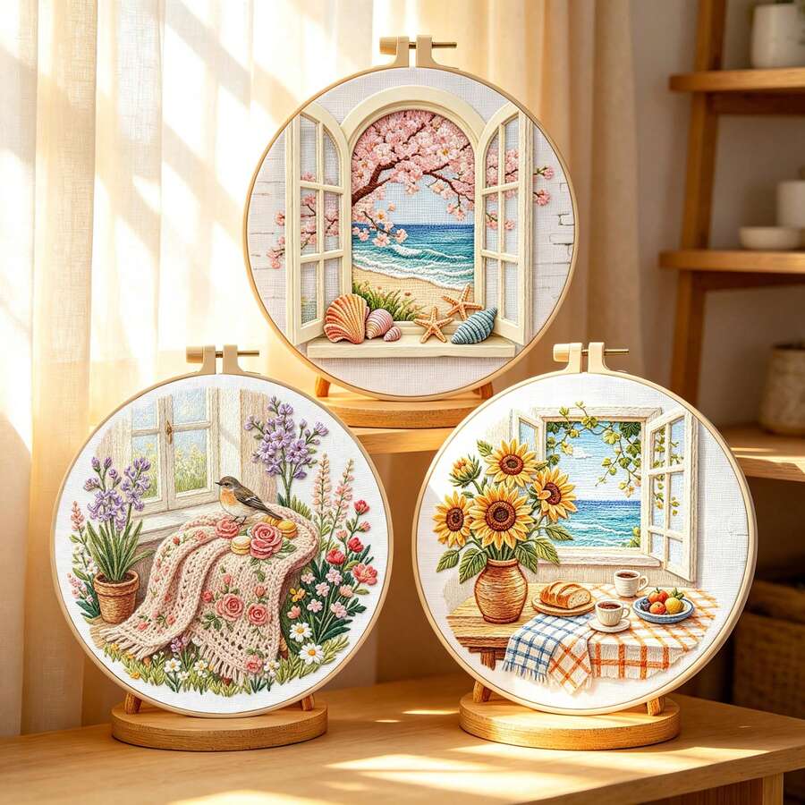 Embroidery DIY Kit - Window Scenery Series, Sunflower & Cherry Blossom Landscape, Includes Embroidery Hoop