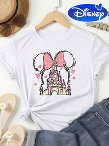 Disney Mickey Pink Bow Castle Pattern Round Neck Short Sleeve T-Shirt - 白色 - 查看 6