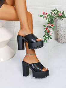 Sandalias de plataforma con tacón súper alto de 11.5cm, tacones de cuña con suela gruesa, sandalias de punta abierta sexy para uso en discoteca para mujeres - Negro - Ver 7
