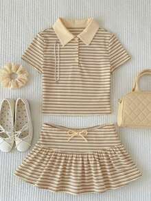 Conjunto de 2 piezas de camiseta de manga corta a rayas y minifalda casual de verano para mujer - Albaricoque - Ver 4