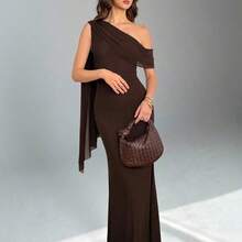 . .  Tall Vestido asimétrico de hombro sólido y elegante para mujer, vestidos elegantes para mujer, vestido de graduación, vestido de invitada de boda de otoño, vestido de invitada de boda para mujer - Marrón - Ver 5