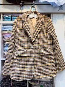 Women's Checkered Tweed Blazer, Casual Elegant Checkered Pattern With Buttons On The Front. - Brun - Visa 1
