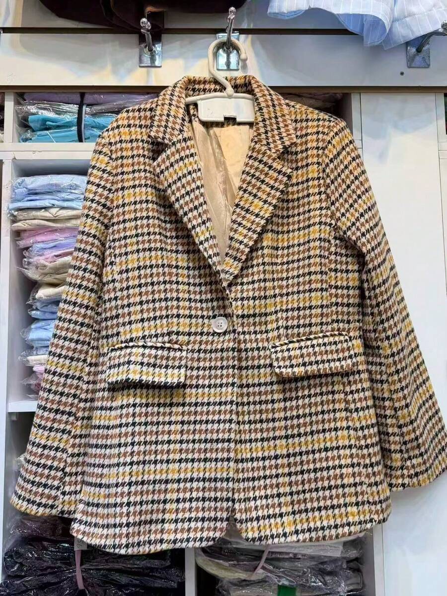 Women's Checkered Tweed Blazer, Casual Elegant Checkered Pattern With Buttons On The Front. - Brun - Visa 1