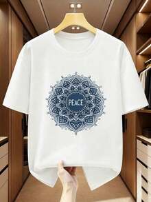 Men's T-Shirt, Round Neck, Short Sleeve, Mandala And "PEACE" Print, Casual Summer Streetwear - 白色 - 查看 6
