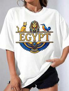 Women's Short-Sleeved T-Shirts, Casual Style For Parties, OneWhite T-Shirt With Egyptian Pharaoh, Cat And Bird Print For Casual Wear. Suitable For Spring, Summer And Autumn. - 白色 - 查看 6