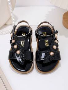 Children's Fashion Summer Flat Sandals, One-Piece Sandals, New Stylish Elegant Minimalist Princess Style Baby Sandals, Hollow Design, Cartoon Flower Pearl Decor - Black - View 7