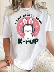 Women's Casual T-Shirt With "I Just Really Love K-Pop Cute Bunny" Print, Breathable And Comfortable, Short Sleeve, Round Neck, Kawaii Print For K-Pop Fans, Soft Cotton, Perfect For Daily Wear And K-Pop Style. - 白色 - 查看 2