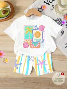 Short-Sleeved T-Shirt With Round Neck And Hibiscus Floral Print And Slogan, Minimalist And Fresh Casual Style For Teenage Girls, Ideal For Summer. - 軍綠色 - 查看 6