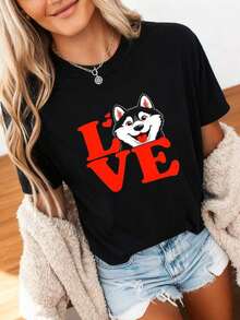 I Love Huskies, Husky Dog T-Shirt, Gift For Husky Lovers, Dog Lover T-Shirt, Siberian Husky T-Shirt, Cute Husky T-Shirt, Dog Owner T-Shirt, 100% Cotton - 黑色3 - 查看 4