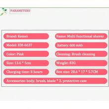 Kemei KM-6637 4合1女性電動刮鬍刀、眉毛修剪器、唇毛除毛器、鼻毛修剪器，防水適用於腋下、比基尼、腿部，USB充電式便攜電動除毛器，適合居家、旅行與商務 - 粉色 - 查看 12