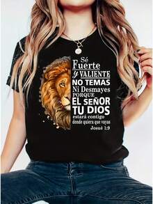 Camiseta de Mujer con Verso Español León de Judá - Faith Apparel, Top Casual de Manga Corta y Cuello Redondo, Camiseta Religiosa Blanca con Estampado de León para Eventos de Iglesia y Atuendo Casual - Negro - Ver 1