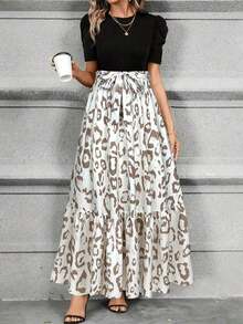 Vestido de línea A de Keke Bloomly para mujer, elegante manga abullonada con detalle de lazo en la cintura, cuello redondo, lavable a máquina, casual y semi-formal, tela ligera, estampado de leopardo, para primavera y vacaciones de verano - Caqui - Ver 2