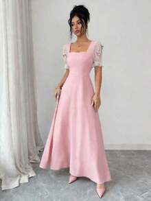 Vestido de manga corta con cuello cuadrado, decoración de lazo 3D y parches de malla - Celeste - Ver 9