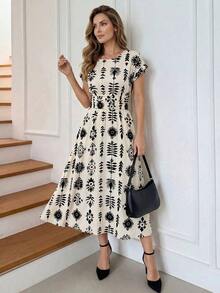 Vestido de verano elegante con cuello redondo y cintura ceñida con estampado total - Multicolor - Ver 3