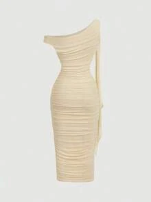 MOD Vestido elegante de largo medio con cuello asimétrico, volantes y parches en color liso con efecto tie-dye para mujeres - Rosa 2 - Ver 6