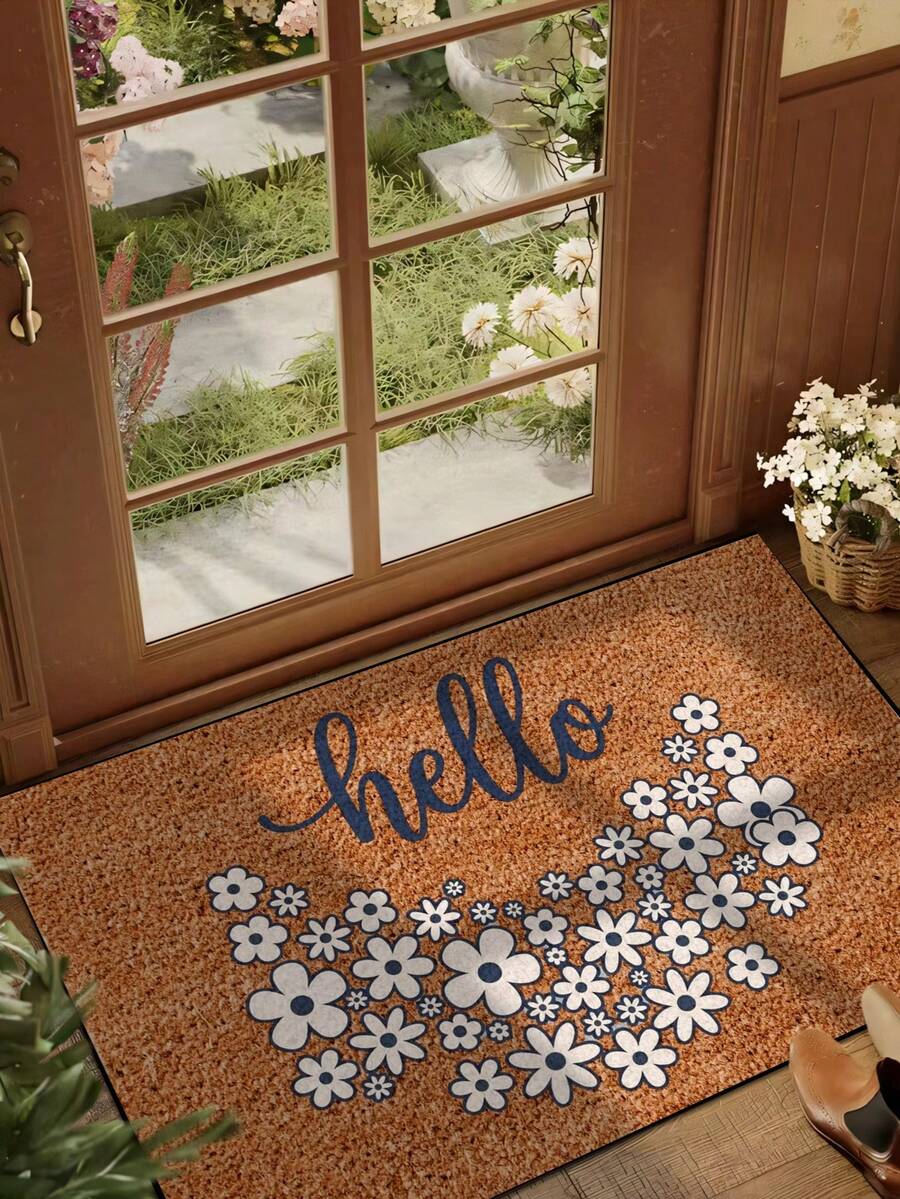 1pc Hello Blue & White Daisy Floral Doormat, Non-Slip Absorbent Entryway Rug, Low-Profile Front Door Mat, Machine Washable Indoor Outdoor Floor Carpet, Cute Flower Welcome Mat For Porch/Kitchen/Bathroom, Farmhouse Home Decor - 1PC - View 1