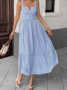 Women's Striped V-Neck Wrap Dress - 鵝黃色 - 查看 5