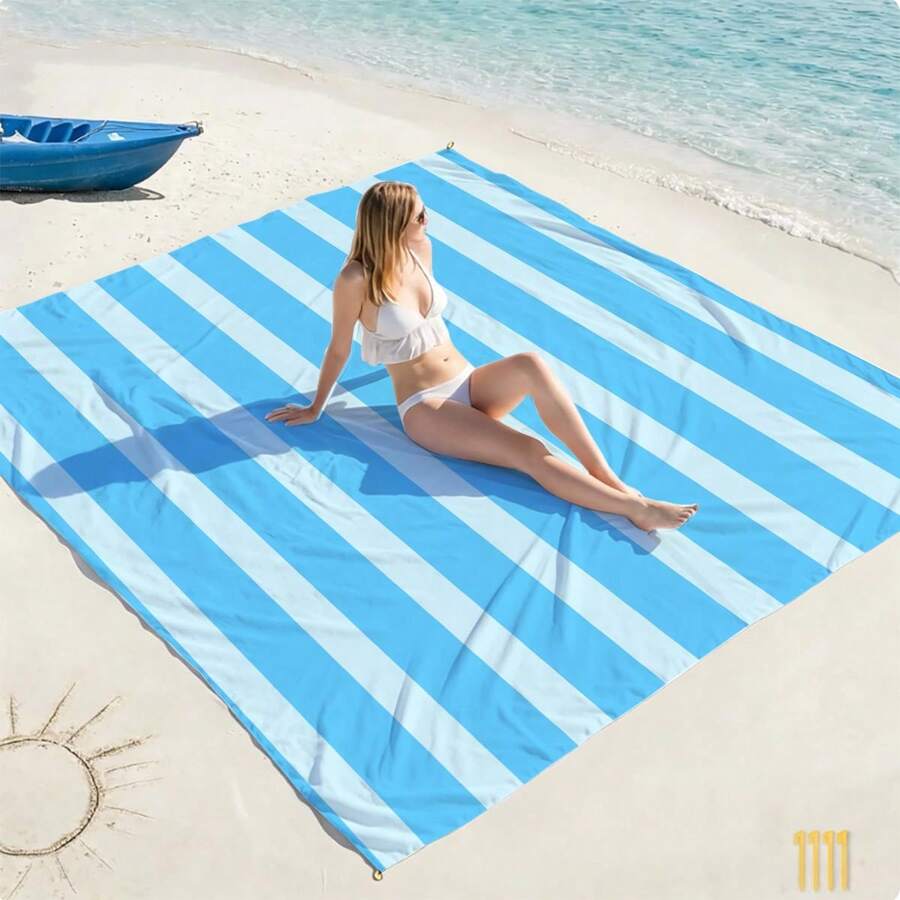 1pc Lake Blue Striped Extra Large Sand-Proof Quick-Dry Beach Blanket, Suitable For 1-3 Adults - Lightweight, Durable Polyester Fabric - Perfect For Travel, Camping, Hiking And Leisure Beach Time, Beach Mat, Picnic Mat, Camping Ground Cover - Lake Blue Vertical Stripes - View 1