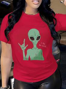 Alien Making Peace Sign With Digital Print Text Short Sleeve Unisex Pure Cotton Loose And Comfortable - الأحمر - مشاهدة 7