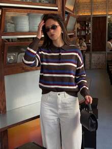 HH Women's Spring/Autumn Colorblock Striped Knit Pullover, French Collar Loose Long Sleeve Sweater, Vintage Fashion Top - Royal Blue - View 4