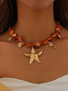 pieza de collar con colgante de estrella de mar y concha dorada de estilo bohemio inspirado en el océano, decorado con cuentas azul-verdes y doradas - Accesorio multifuncional para mujer, - Azul - Ver 5