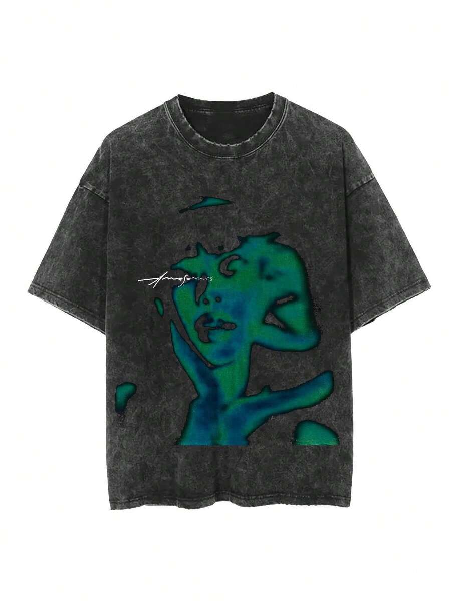 Camiseta masculina camiseta negra de manga corta con estampado de patrón de retrato de tono verde camiseta retro lavado de agua algodón cuello redondo edición regular tela de camiseta suave, cómoda y transpirable, personalidad atmosférica y llamativa moda elegante genial - Negro - Ver 1