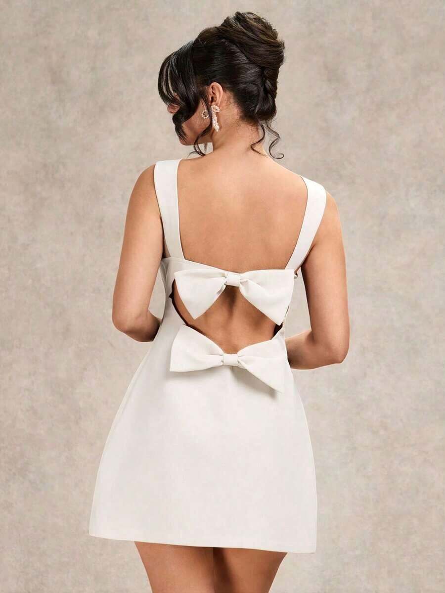 Vestido negro elegante y sencillo sin mangas, ajustado, con espalda descubierta, lazo en el bajo y silueta evasé, vestido negro, vestido para cita de San Valentín, vestido de dama de honor, pequeño vestido negro chic - Albaricoque - Ver 1