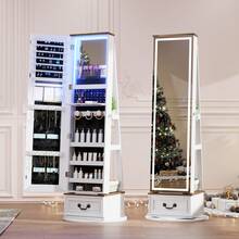HWB LED Mirror Jewelry Cabinet Standing, 360°Swivel Jewelry Armoire With Full Length Mirror, Mirror With Jewelry Storage And Large Wooden Drawer For Christmas Gifts,White - 白色 - 查看 1