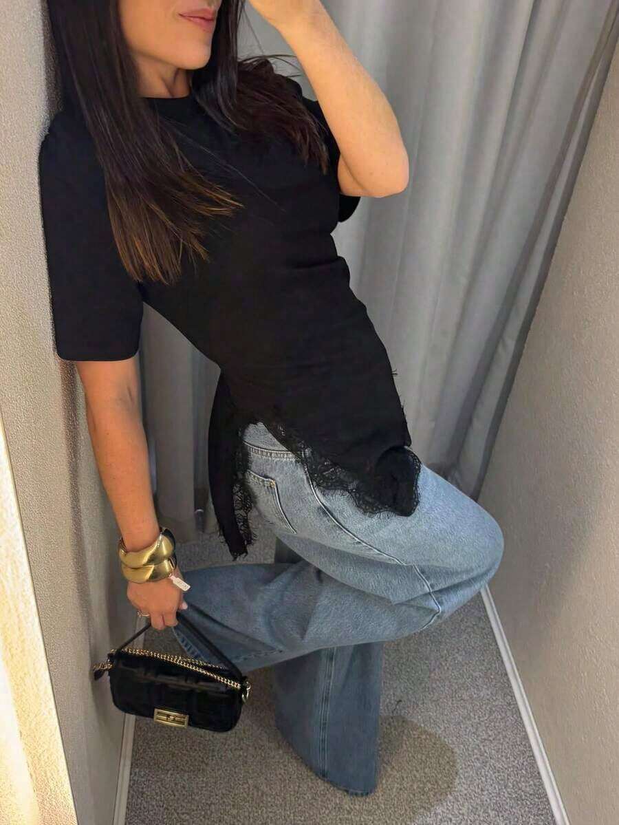 Camiseta de mujer de punto de unicolor con encaje en contraste, asimétrica/asimétrica, adecuada para el hogar, uso diario, vuelta al colegio, fiesta, primavera/verano - Negro - Ver 1