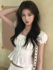 女款夏季白色對比蕾絲泡泡袖上衣 - 白色 - 查看 1