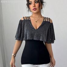 Fengyu Women's Clothing Store Camiseta casual, elegante y con estilo para mujer, de manga corta, cuello en V, con tirantes de volantes, hombros calados, detalles con cuentas, de tela de punto negra, de corte ajustado y elástica - Negro - Ver 7