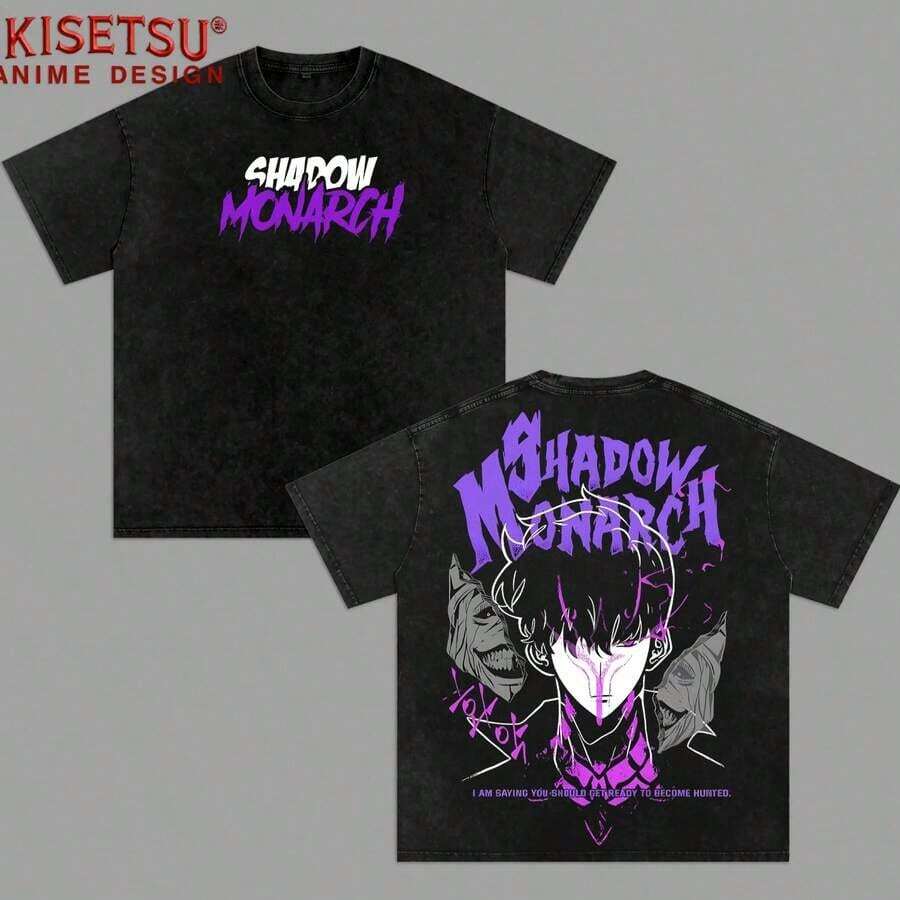 Sung Jin-Woo Shadow Monarch T-Shirt, Solo Leveling Anime T-Shirt, Oversized Graphic Tee For Men, Streetwear, Acid Wash Cotton T-Shirt, Cool Anime T-Shirts For Men, Gift For Men, Dark Fantasy Anime Merchandise - 白色 - 查看 1