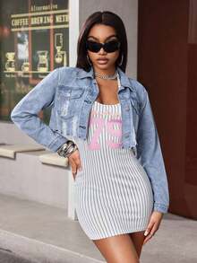 Women's Casual Distressed Cropped Denim Jacket - 藍色3 - 查看 1