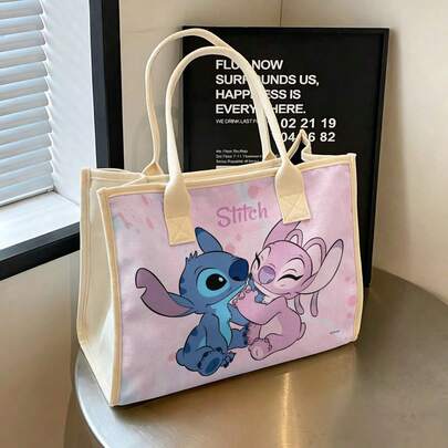 Miniso Disney Stitch & Angel Tote Bag, Cute Cartoon Print With Pink Trim, Large Capacity Canvas Shoulder Bag For Shopping, School, Commute & Travel
